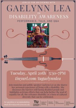 pink and navy blue event flyer with information about the Center for Student Diversity initiative "Gaelynn Lea on Disability Awareness.