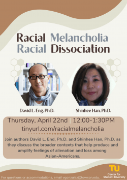 beige and brown event flyer with information about the Center for Student Diversity initiative "Racial Melancholia, Racial Dissociation