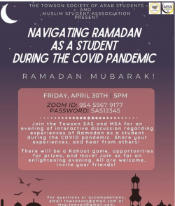 pink and purple event flyer about the Towson Society of Arab Students and Muslim Student Association event "Navigating Ramadan as a Student During the COVID Pandemic