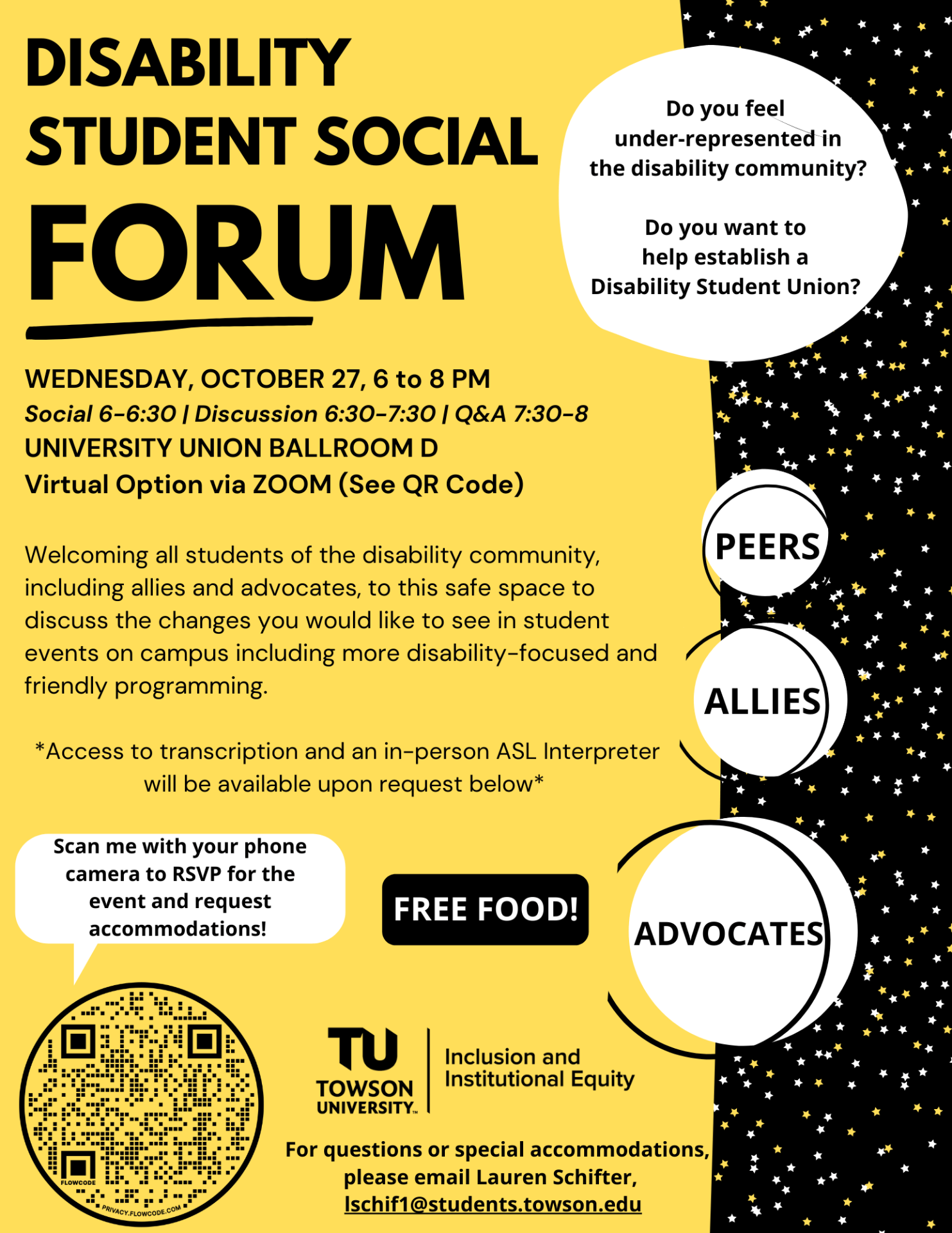 Join us for the Disability Student Social Forum on Wednesday, October 27th at 6pm in the University Union Ballroom D, to discuss changes or improvements you would like to see in student events and programming on campus. Led by students, for students, to help build a sense of community, belonging and acceptance in hopes of establishing a Disability Student Union. 
