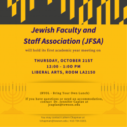 Black and gold flyer decorated with menorahs for the Jewish faculty and staff association meeting on October 21, 2021, from 12 to 1 PM in the College of Liberal Arts, room 2150.