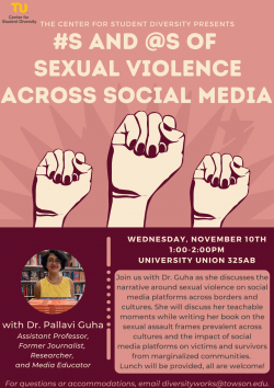 pink and maroon event flyer with text and image of three protesting fists alongside each other
