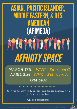 dark blue and mustard event flyer with text and image of various individuals holding hands