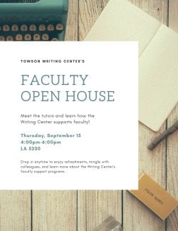 Image of writing implements with details about the faculty open house on Thursday, September 15, from 4-6pm in LA 5330